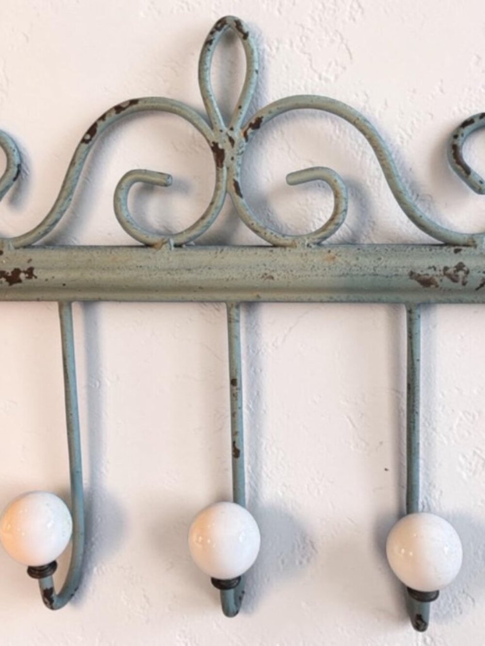Vintage Shabby Chic Metal Coat Rack 19” Wall Hooks White Ceramic Knobs - Picture 6 of 14